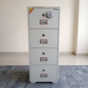 A light gray Diplomat 255kg Fire Resistant Safe cabinet featuring four vertical drawers, a top digital keypad lock, and individual key cylinders standing against a white wall.