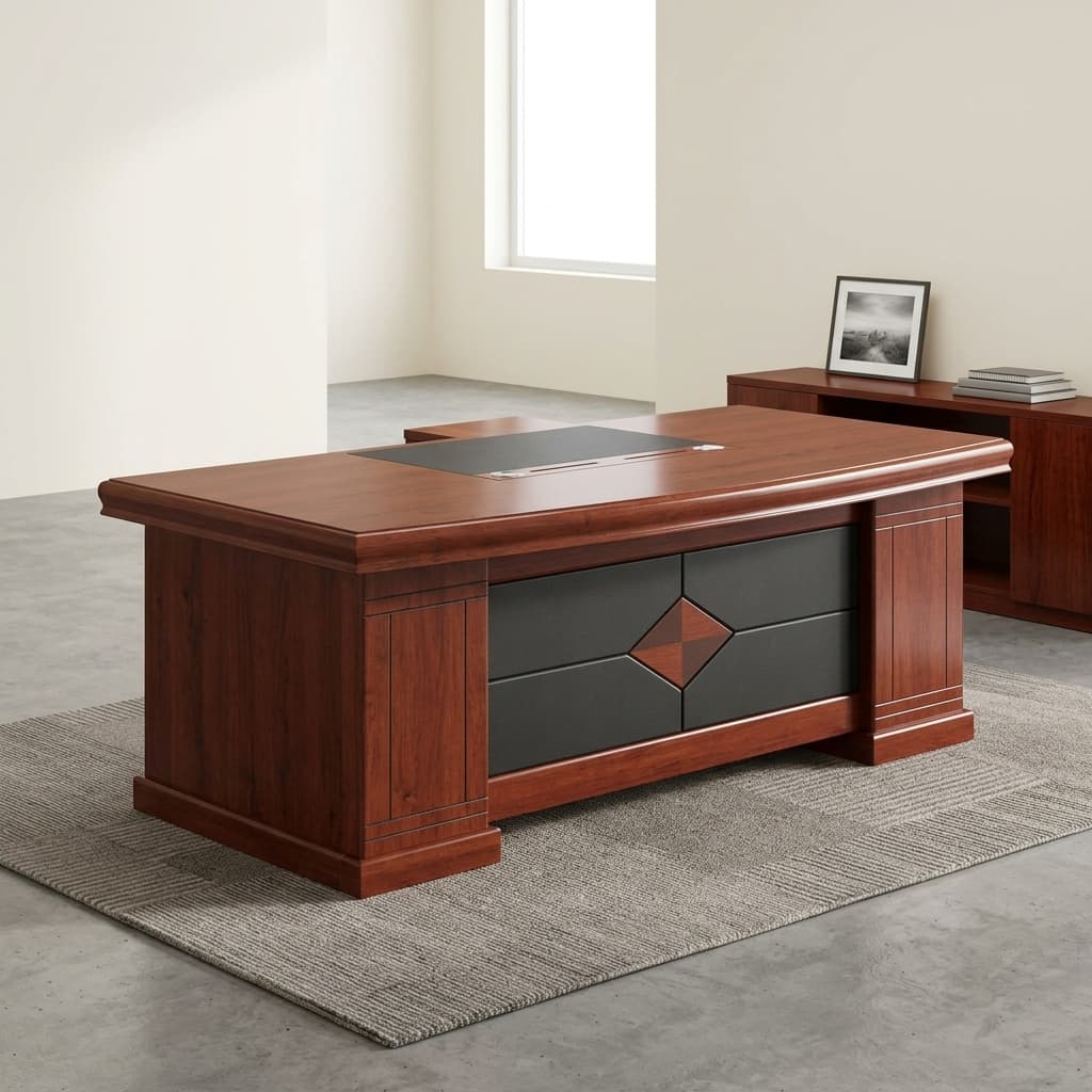 A Premium Executive 2M Office Boss Table In A Rich Reddish-Brown Wood Finish With An Integrated Black Writing Pad And A Geometric Patterned Front Panel.