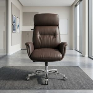 A high-back Luxury Brown Leather Boss Chair upholstered in deep chocolate brown leather, featuring padded armrests and a polished chrome five-star wheeled base.
