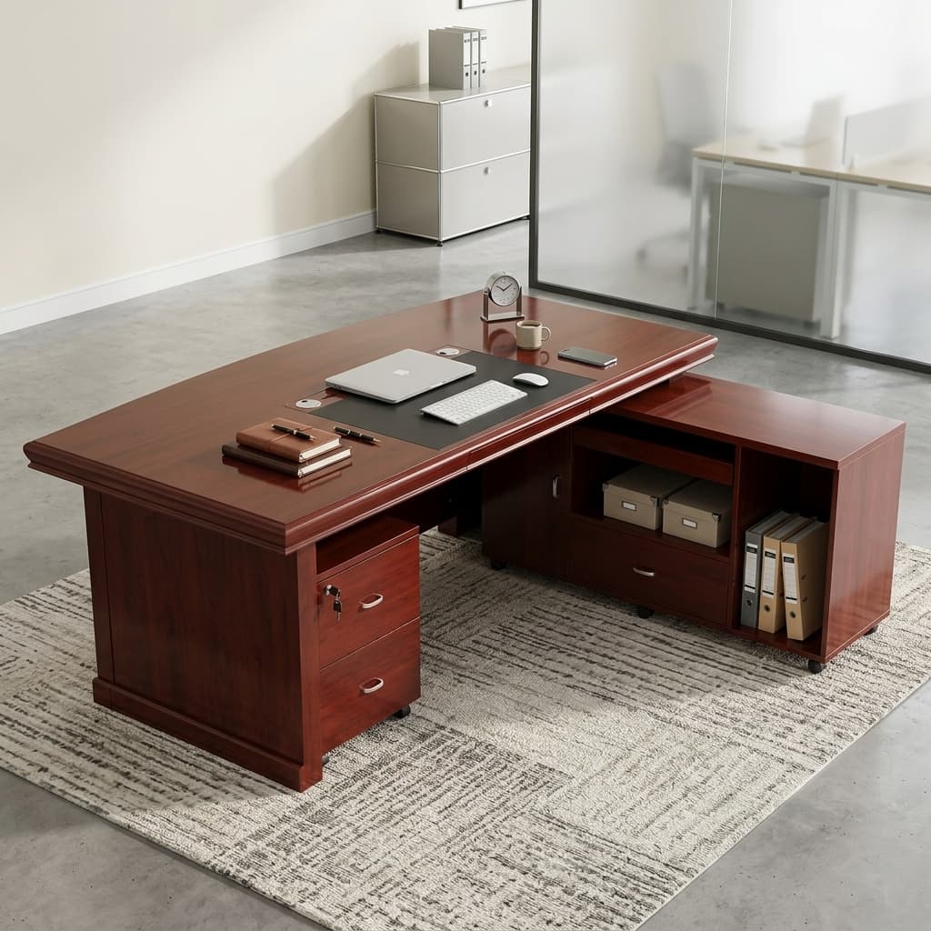 A Premium Executive 2M Office Boss Table In A Rich Reddish-Brown Wood Finish With An Integrated Black Writing Pad And A Geometric Patterned Front Panel.