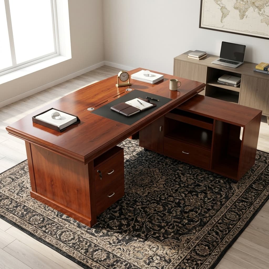 A Premium Executive 2M Office Boss Table In A Rich Reddish-Brown Wood Finish With An Integrated Black Writing Pad And A Geometric Patterned Front Panel.