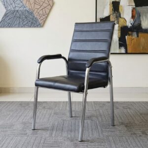 A stationary Chrome Frame Leather Visitor Chair featuring ribbed black leather upholstery, sweeping chrome arms with black padding, and four polished steel legs.