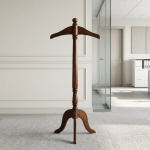 A freestanding wooden Executive Coat Hanger Valet Stand with a rich walnut finish, a contoured shoulder-shaped top hanger, and a three-legged tripod base.
