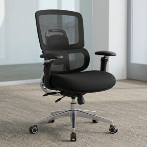 An all-black Premium Ergonomic Swivel Task Chair showcasing a breathable mesh backrest, 4D adjustable armrests, a padded seat pan, and a polished aluminum wheeled base.