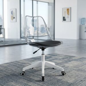 A transparent Clear Acrylic Swivel Desk Chair featuring a molded see-through shell, a black padded seat cushion, an adjustment lever, and a white five-star wheeled base.