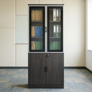 A tall Modern Dark Wood Office Cabinet featuring upper double glass doors with silver frames housing colorful folders, above lower lockable solid dark wood double doors.