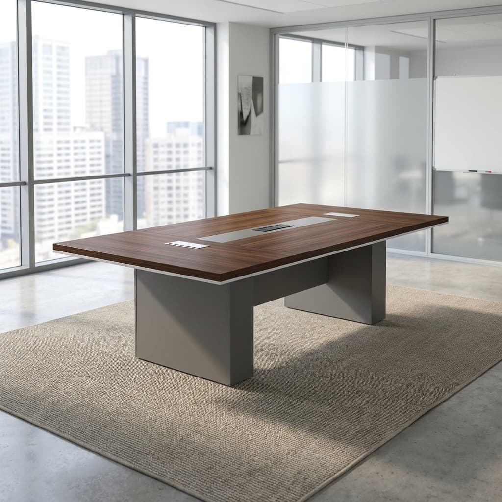 A Rectangular Premium 2M Wooden Boardroom Table Featuring A Wood Grain Laminate Surface, White Edge Banding, Multiple Silver Power Flip-Covers, And Thick Block Pedestal Legs.