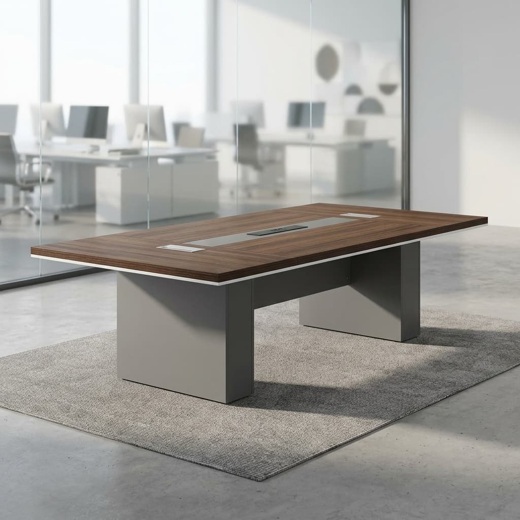 A Rectangular Premium 2M Wooden Boardroom Table Featuring A Wood Grain Laminate Surface, White Edge Banding, Multiple Silver Power Flip-Covers, And Thick Block Pedestal Legs.