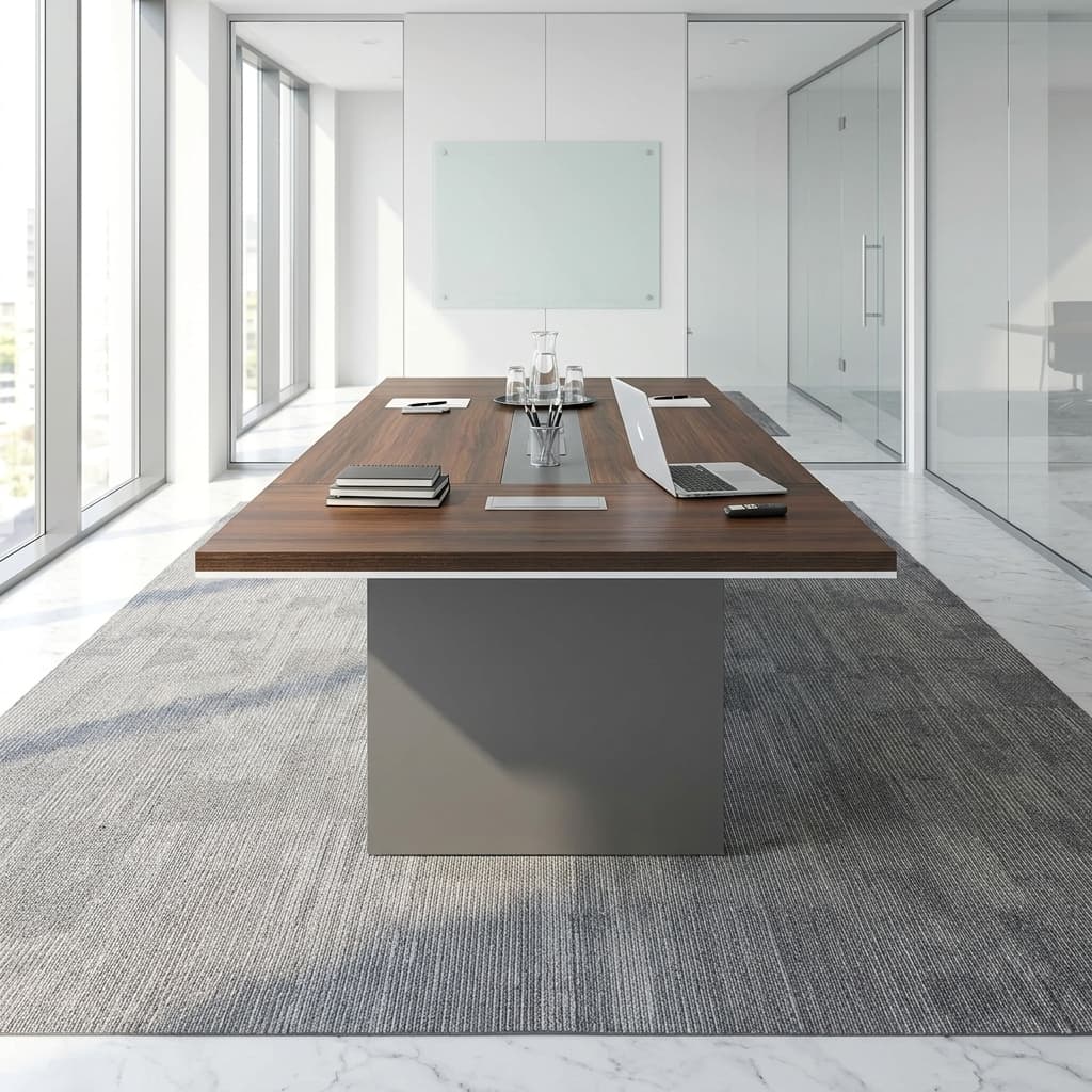 A Rectangular Premium 2M Wooden Boardroom Table Featuring A Wood Grain Laminate Surface, White Edge Banding, Multiple Silver Power Flip-Covers, And Thick Block Pedestal Legs.