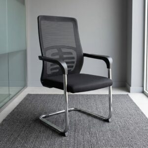 A stationary Ergonomic Cantilever Mesh Office Chair featuring a black mesh backrest with a visible lumbar brace, a padded seat, and a shiny tubular chrome cantilever sled base.