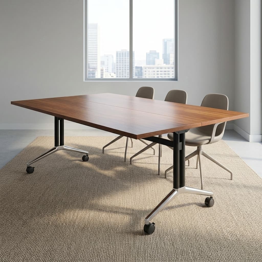 A Long Rectangular Mobile 2.4M Folding Boardroom Table Featuring A Walnut Wood Grain Finish Tabletop, Black Central Column Panels, And Polished Chrome T-Bar Legs With Dual-Wheel Locking Casters.