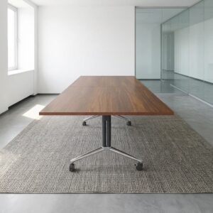 A long rectangular Mobile 2.4m Folding Boardroom Table featuring a walnut wood grain finish tabletop, black central column panels, and polished chrome T-bar legs with dual-wheel locking casters.