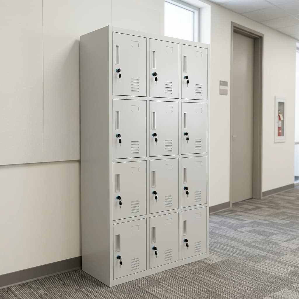 A Tall Freestanding Light Gray 12-Door Metal Staff Storage Lockers Unit Arranged In A 3X4 Layout, Showing Individual Key Locks, Label Slots, And Ventilation Vents On Every Door.