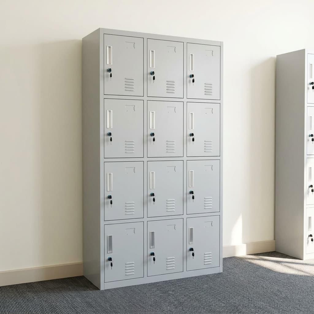 A Tall Freestanding Light Gray 12-Door Metal Staff Storage Lockers Unit Arranged In A 3X4 Layout, Showing Individual Key Locks, Label Slots, And Ventilation Vents On Every Door.