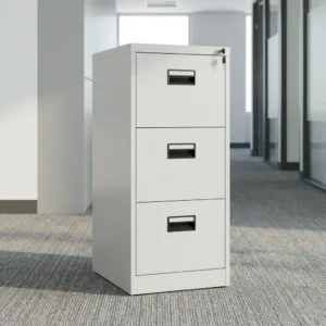 3-Drawer Metal Filing Cabinet in gray steel finish with lockable drawers for secure office document storage