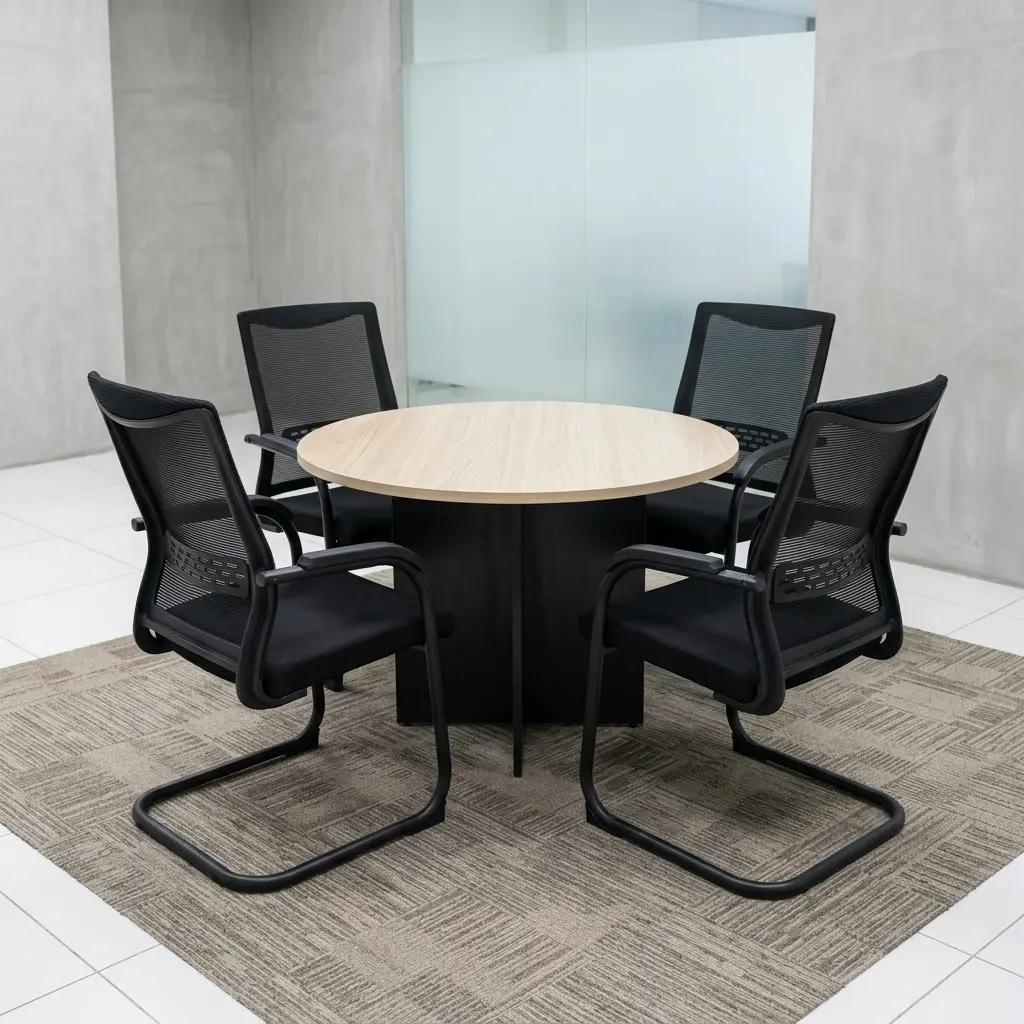 1M Round Meeting Table Set With Round Office Table And Four Ergonomic Mesh Guest Chairs For Meeting Rooms