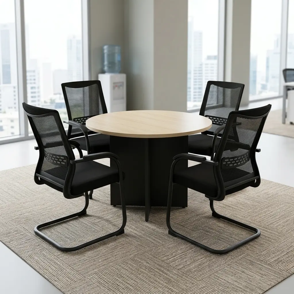 1M Round Meeting Table Set With Round Office Table And Four Ergonomic Mesh Guest Chairs For Meeting Rooms