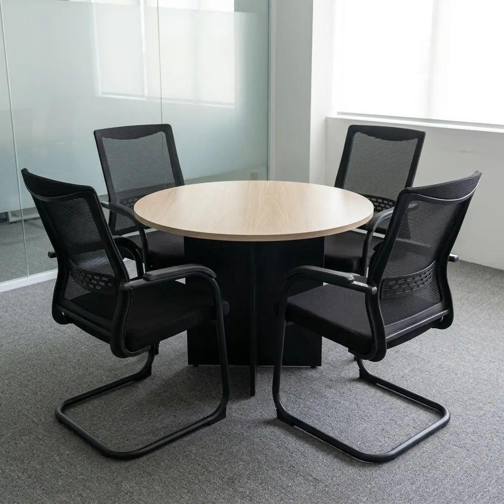 1M Round Meeting Table Set With Round Office Table And Four Ergonomic Mesh Guest Chairs For Meeting Rooms