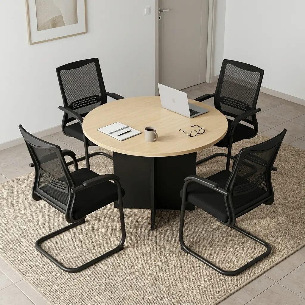 1M Round Meeting Table Set With Round Office Table And Four Ergonomic Mesh Guest Chairs For Meeting Rooms
