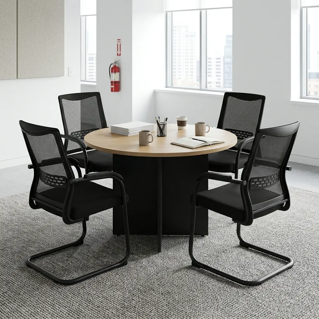 1M Round Meeting Table Set With Round Office Table And Four Ergonomic Mesh Guest Chairs For Meeting Rooms