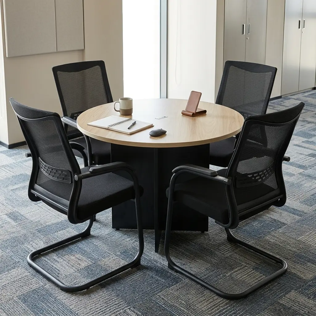 1M Round Meeting Table Set With Round Office Table And Four Ergonomic Mesh Guest Chairs For Meeting Rooms