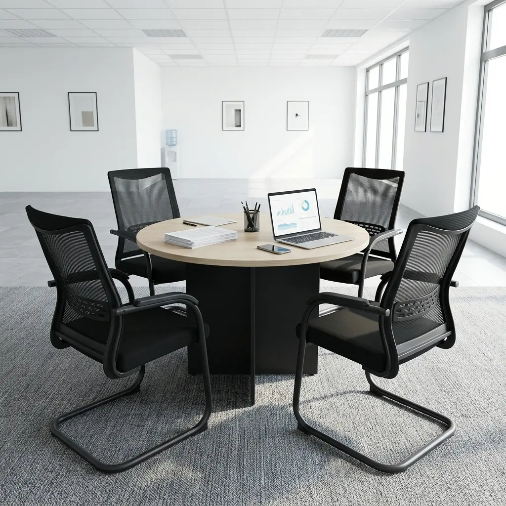 1M Round Meeting Table Set With Round Office Table And Four Ergonomic Mesh Guest Chairs For Meeting Rooms