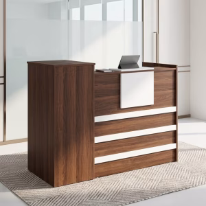 1.4m Modern Reception Desk with raised transaction counter, wood finish, and white accent panels for front office reception areas