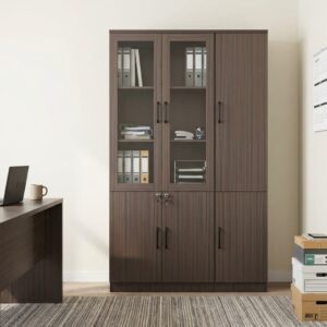Office Bookcase with Glass Doors featuring upper display shelves and lower lockable cabinet storage in elegant wood finish