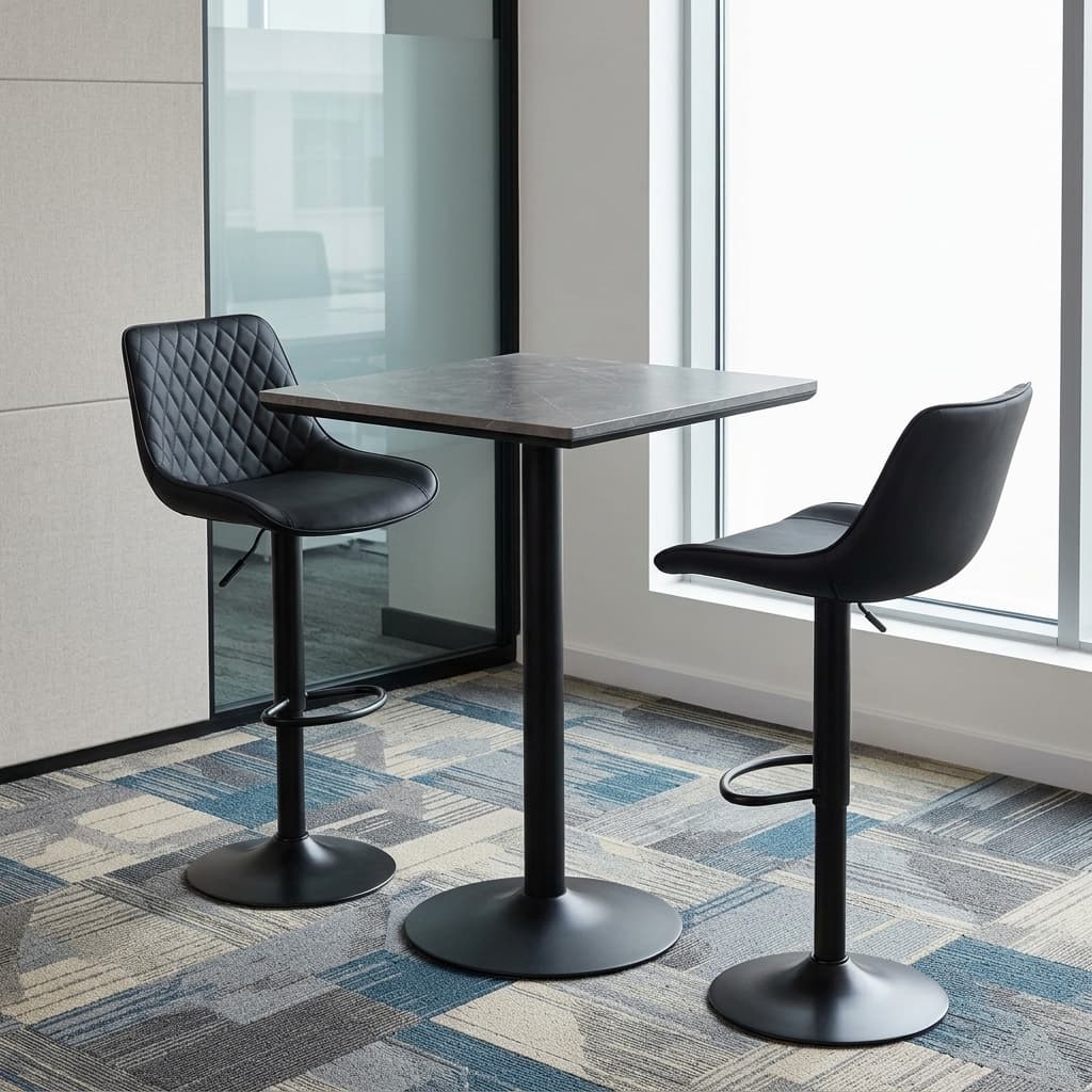 The Corporate Pantry High Table Featuring A Square Grey Marble-Patterned Top Surface Supported By A Heavy-Duty Black Metal Pedestal Column And A Circular Base Plate.