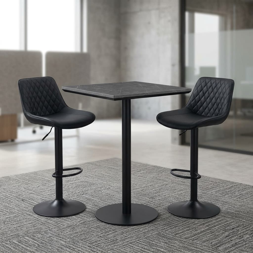 The Corporate Pantry High Table Featuring A Square Grey Marble-Patterned Top Surface Supported By A Heavy-Duty Black Metal Pedestal Column And A Circular Base Plate.