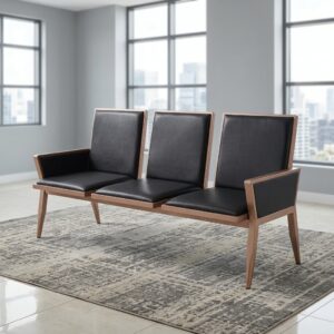 Rose Gold Reception Bench A 3-Link Commercial Reception Waiting Bench Featuring Three Connected High-Back Seats With Black Upholstered Cushions, A Polished Rose Gold Metallic Frame, And Padded Side Armrests.