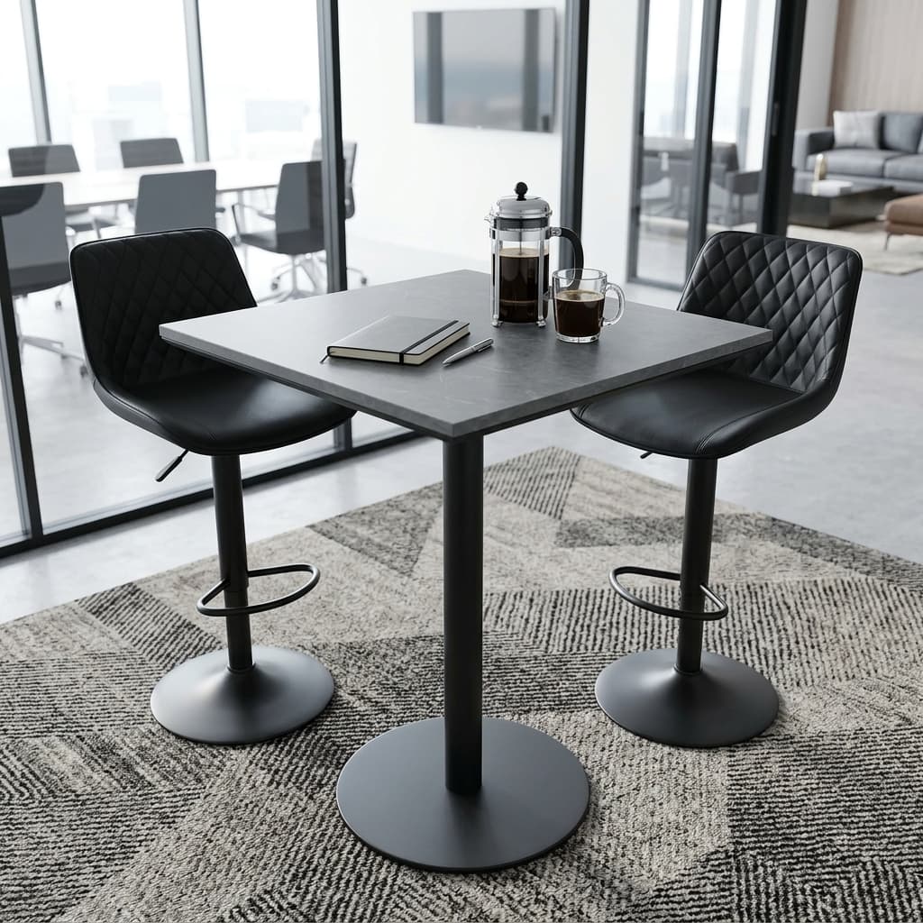 The Corporate Pantry High Table Featuring A Square Grey Marble-Patterned Top Surface Supported By A Heavy-Duty Black Metal Pedestal Column And A Circular Base Plate.