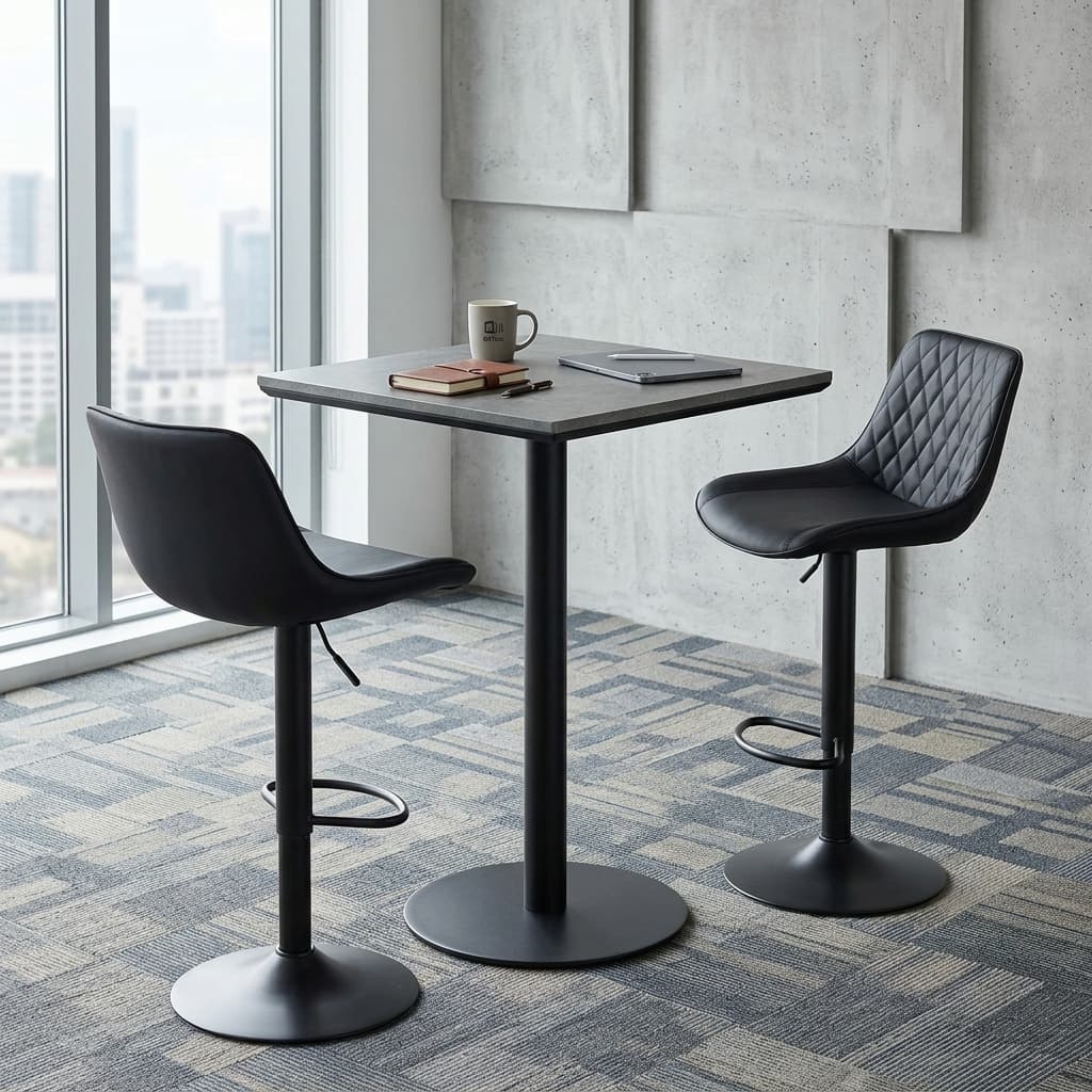The Corporate Pantry High Table Featuring A Square Grey Marble-Patterned Top Surface Supported By A Heavy-Duty Black Metal Pedestal Column And A Circular Base Plate.