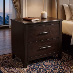 UpA dark brown Premium Wooden Nightstand Cabinet featuring two wide drawers with horizontal silver metal pull handles and short tapered legs.grade your executive suite with the Premium Wooden Nightstand Cabinet. Two deep drawers with silver handles and an espresso finish. Shop office cabinets now!