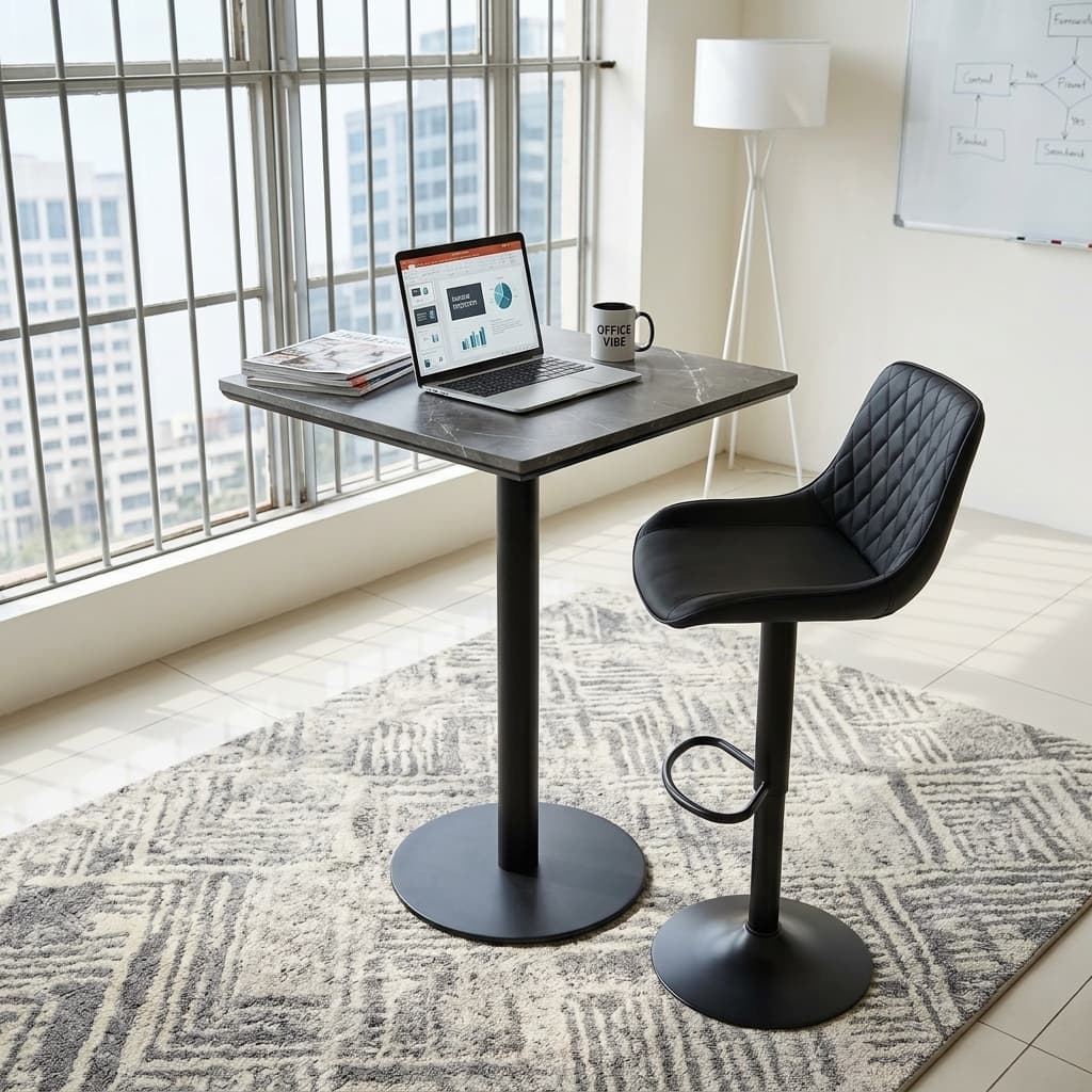 The Corporate Pantry High Table Featuring A Square Grey Marble-Patterned Top Surface Supported By A Heavy-Duty Black Metal Pedestal Column And A Circular Base Plate.