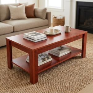 A 1.2m Rectangular Coffee Table featuring a smooth reddish-brown cherry grain top surface, a lower full-length storage shelf, and four thick square legs.