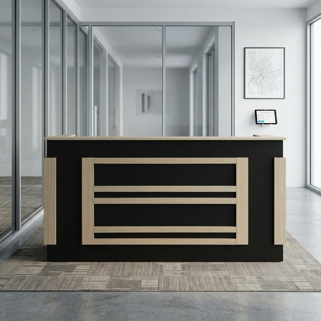 A 2M Commercial Lobby Reception Desk Featuring A Large Matte Black Rectangular Front Facade Accented With A Central Light Oak Slatted Frame Containing Three Horizontal Wood Bars, Two Matching Light Oak Side Accent Panels, And An Elevated Light Oak Guest Transaction Counter On Top.