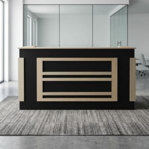 A 2M Commercial Lobby Reception Desk featuring a large matte black rectangular front facade accented with a central light oak slatted frame containing three horizontal wood bars, two matching light oak side accent panels, and an elevated light oak guest transaction counter on top.