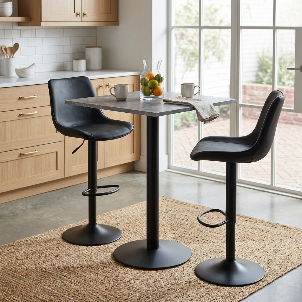 The Corporate Pantry High Table Featuring A Square Grey Marble-Patterned Top Surface Supported By A Heavy-Duty Black Metal Pedestal Column And A Circular Base Plate.