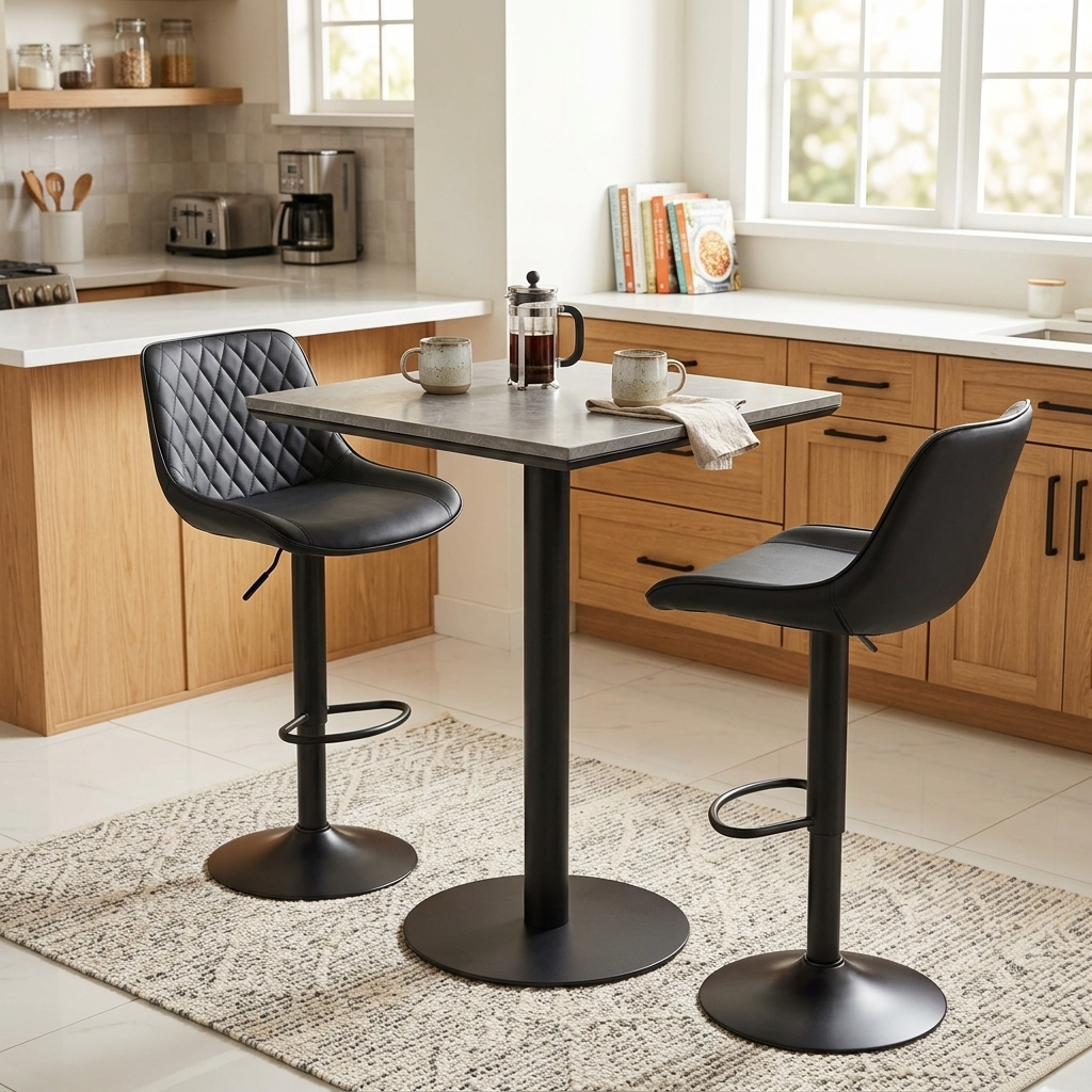 The Corporate Pantry High Table Featuring A Square Grey Marble-Patterned Top Surface Supported By A Heavy-Duty Black Metal Pedestal Column And A Circular Base Plate.