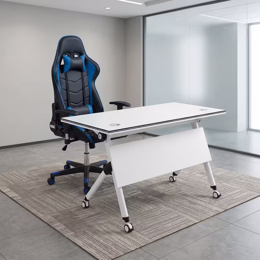 A Mobile Home Office Station Featuring A White Tilting Desk On Wheels Paired With A Black And Blue Leatherette High-Back Ergonomic Racing Chair.