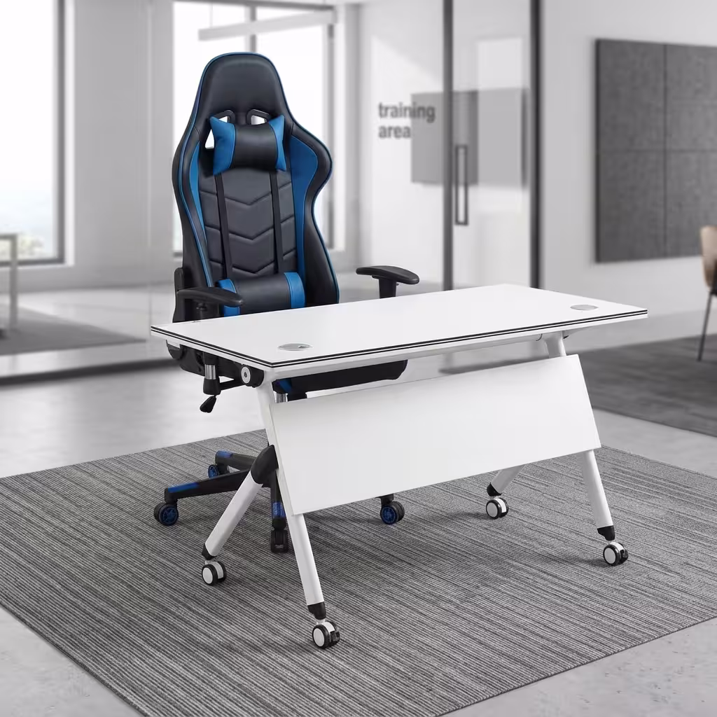 A Mobile Home Office Station Featuring A White Tilting Desk On Wheels Paired With A Black And Blue Leatherette High-Back Ergonomic Racing Chair.