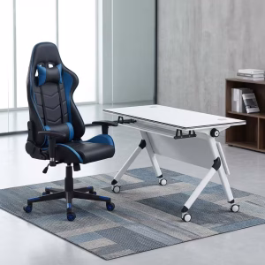 A Mobile Home Office Station Featuring A White Tilting Desk On Wheels Paired With A Black And Blue Leatherette High-Back Ergonomic Racing Chair.