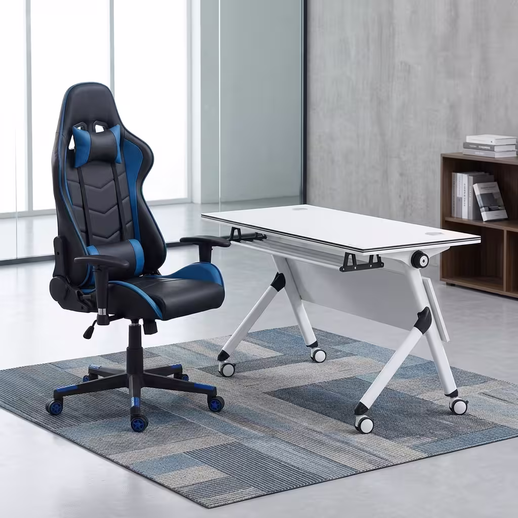 A Mobile Home Office Station Featuring A White Tilting Desk On Wheels Paired With A Black And Blue Leatherette High-Back Ergonomic Racing Chair.