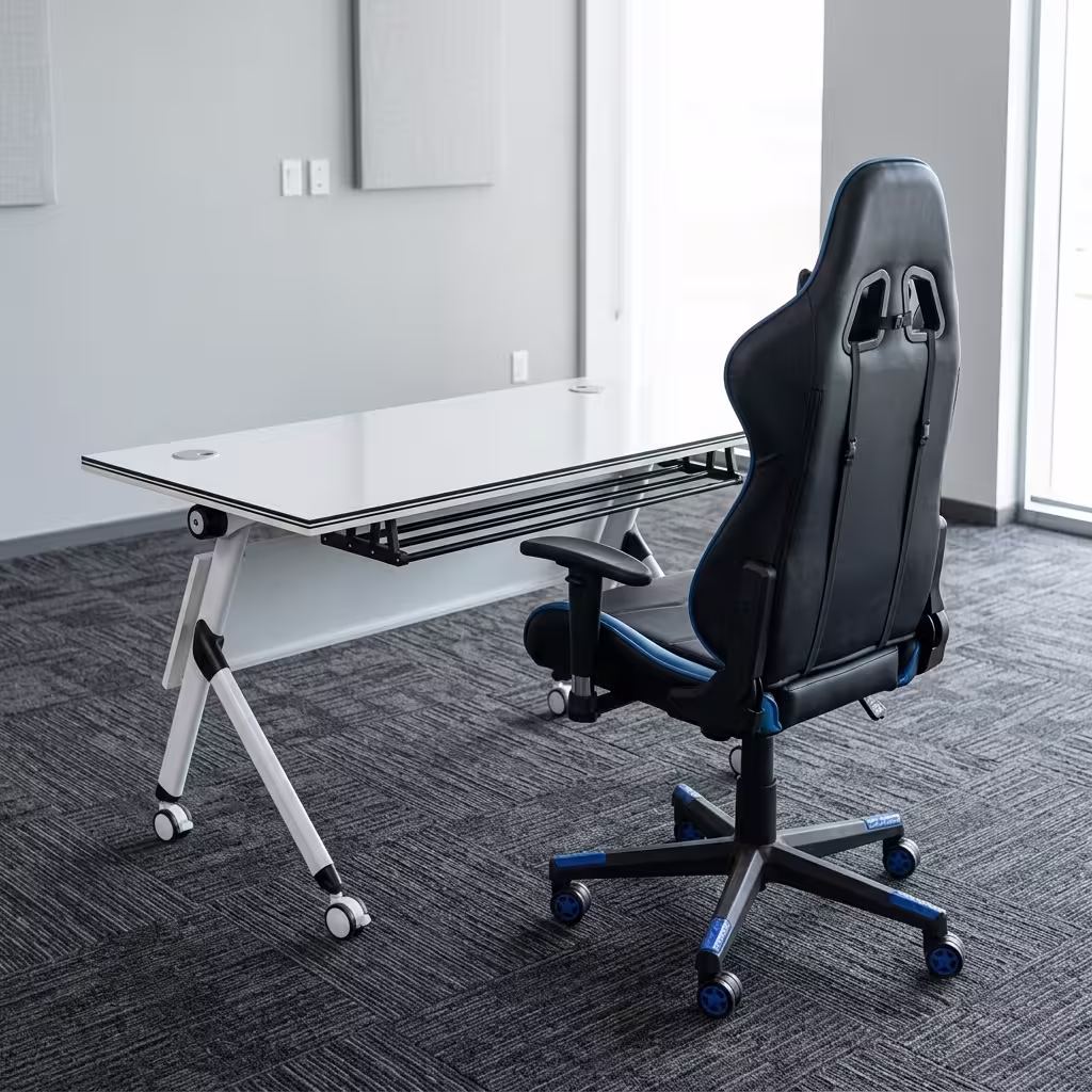 A Mobile Home Office Station Featuring A White Tilting Desk On Wheels Paired With A Black And Blue Leatherette High-Back Ergonomic Racing Chair.