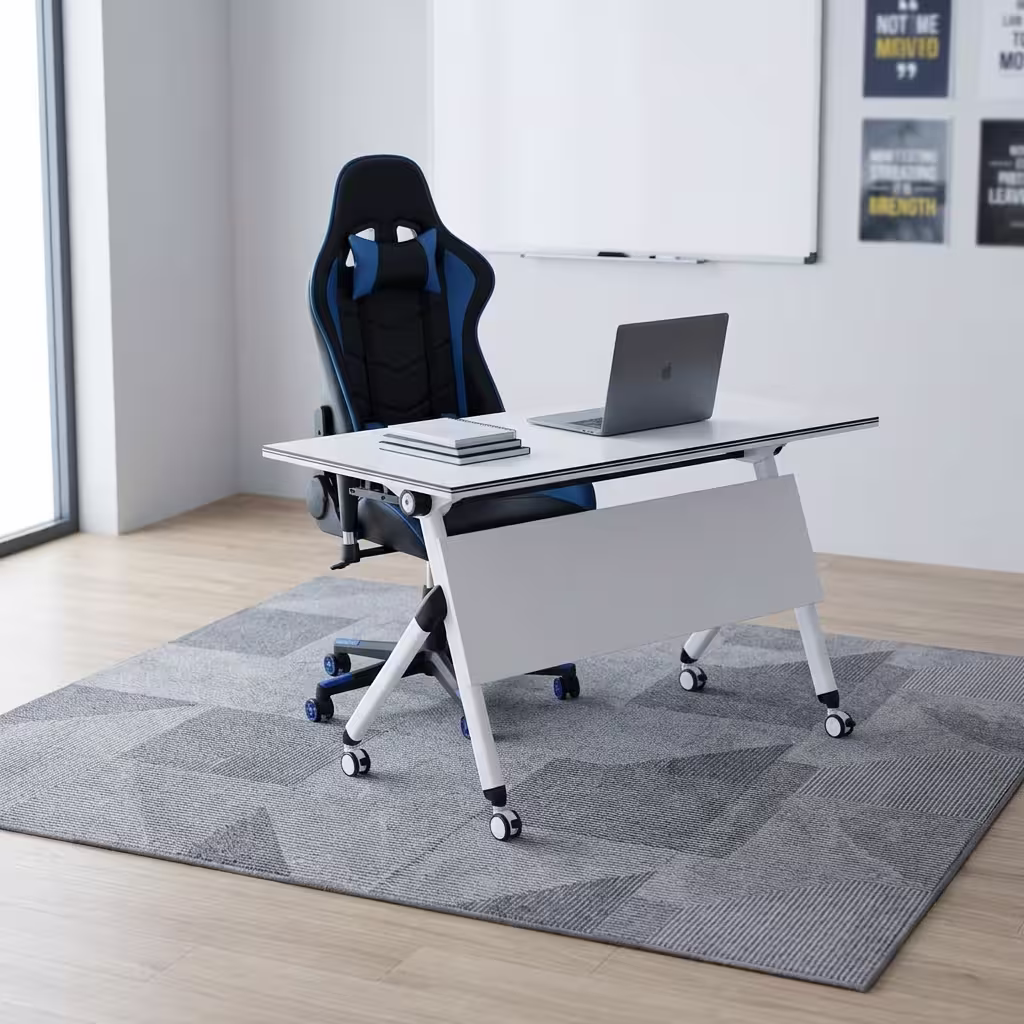 A Mobile Home Office Station Featuring A White Tilting Desk On Wheels Paired With A Black And Blue Leatherette High-Back Ergonomic Racing Chair.