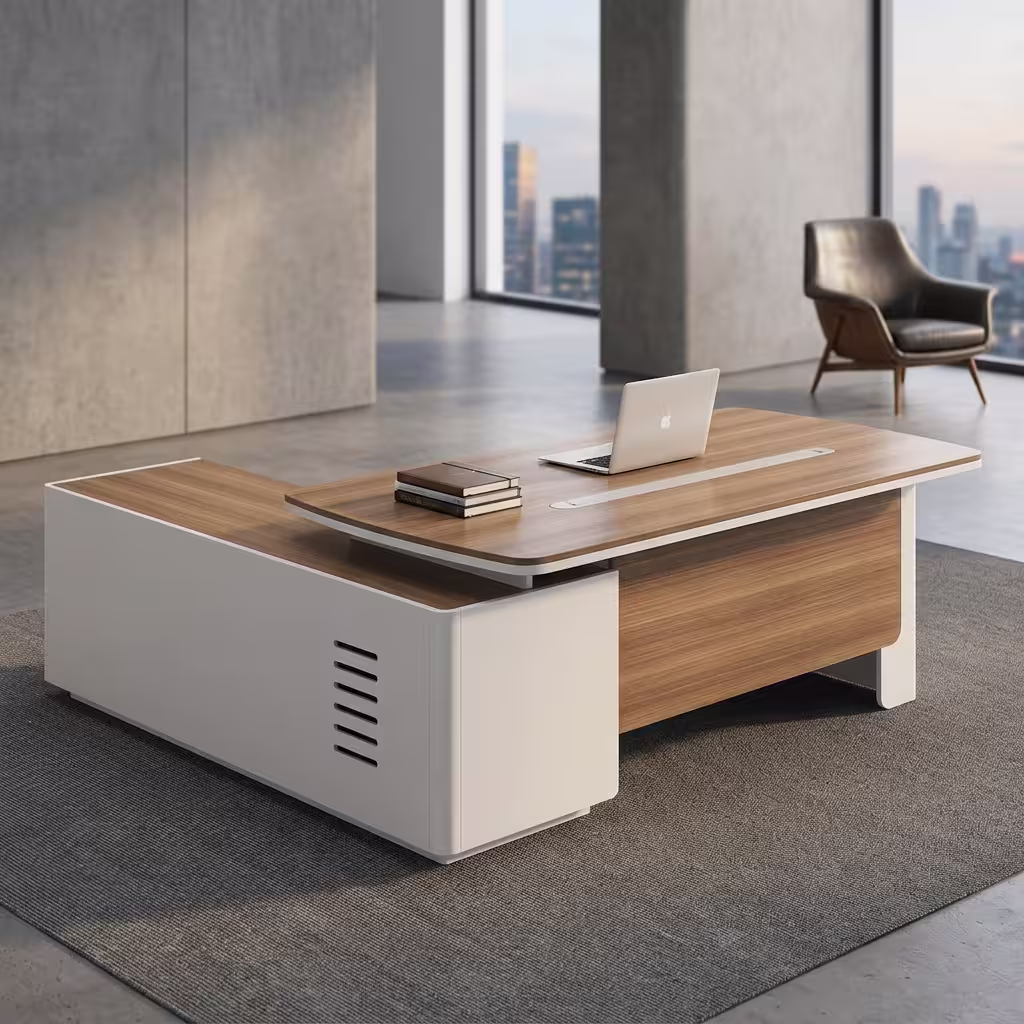 An L-Shaped 2.4M Modern Ceo Desk Featuring A Light Brown Wood Top With Rounded Corners, A Long Silver Cable Management Strip, And Smooth Cream-Colored Base Legs With A Matching Locking Side Return Unit.