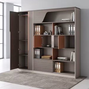 A Premium Boardroom Display Unit Featuring A Dark Wood Grain Finish, A Tall Left Wardrobe Door, Asymmetrical Terracotta Cabinet Doors, And Open Bookshelves.