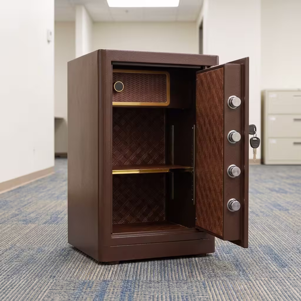 A Heavy-Duty Brown Durable 70Kg Business Safe With An Open Thick Door Revealing Four Silver Locking Bolts, A Gold Digital Keypad, A Gold Turning Handle, And A Patterned Fabric Interior With A Central Shelf.