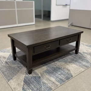 A rectangular dark brown wood Smart Storage Coffee Table featuring two front drawers with metallic handles and an open lower storage shelf.